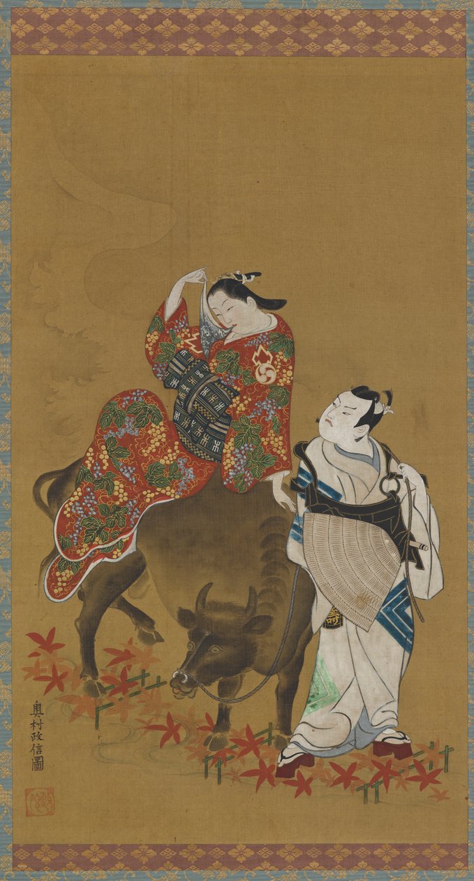 Dva herci kabuki v rolích kurtizány na vodním buvolovi a cestujícího kněze, 1686-1764. od Okumura Masanobu