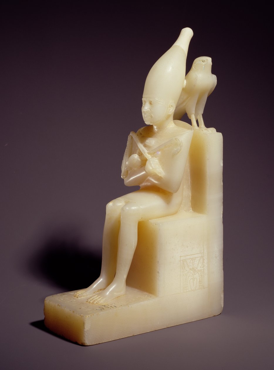 Malá sedící soška Pepi I (2289-2255 př. n. l.) s horským sokolem (alabastr) od Old Kingdom Egyptian