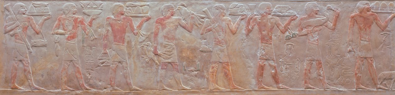 Reliéf průvodu nositelů obětin z hrobky Ny-Ank-Nesut, 2575–2134 př. n. l. (malovaný vápenec) od Old Kingdom Egyptian