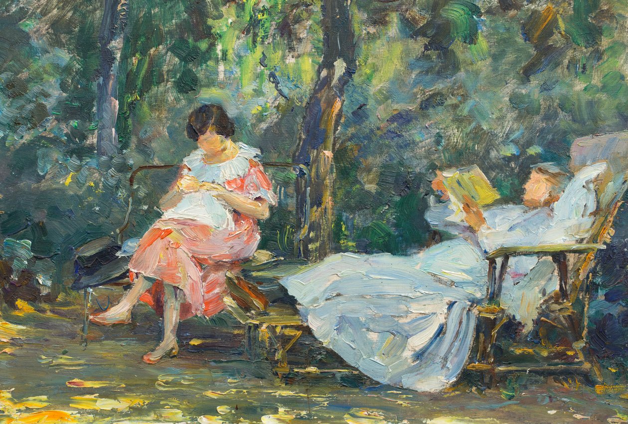 Čtení a pletení na zahradě (olej na desce) od Olga (1881 1941) Slomszynska