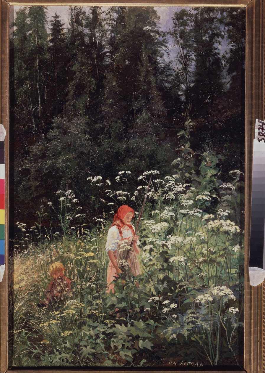 Dívka před trsem trávy (Dívka u trsu trávy). Obraz Olgy Antonovny Lagoda Shishkina (1850-1881), olej na plátně od Olga Antonova Lagoda Shishkina