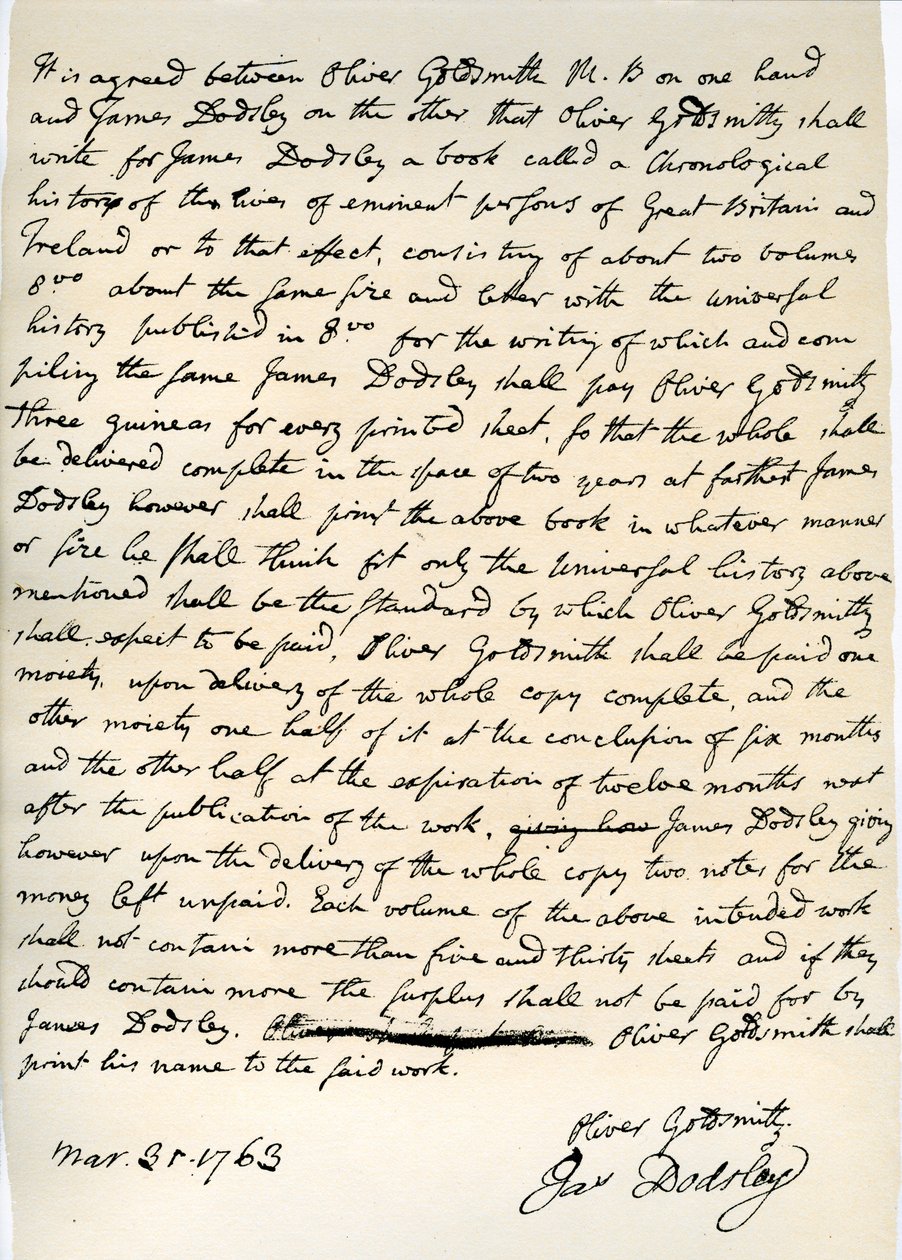 Dohoda Olivera Goldsmitha napsat pro Jamese Dodsleyho, 31. března 1763. od Oliver Goldsmith