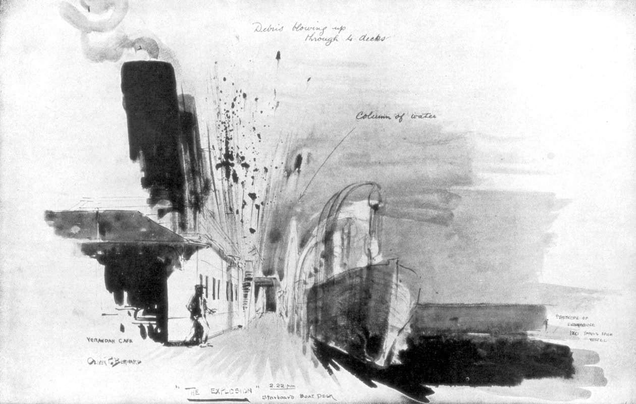 V okamžiku, kdy torpédo z německé ponorky U-20 zasáhlo RMS Lusitania, 7. května 1915, 1926 od Oliver Percy Bernard