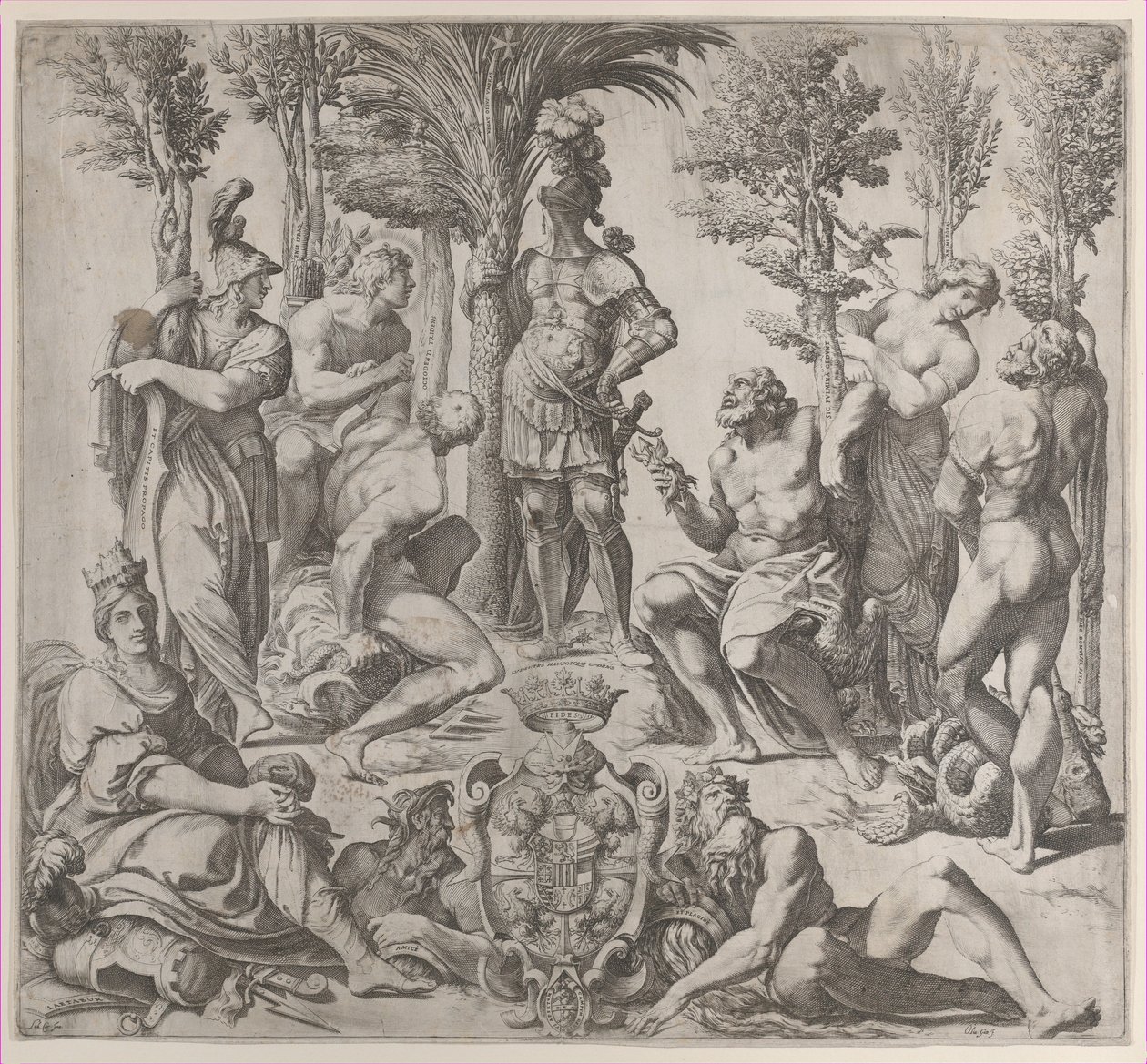 Alegorická kompozice se šesti olympskými bohy shromážděnými kolem postavy v brnění, 1615-35., 1615-35. od Oliviero Gatti