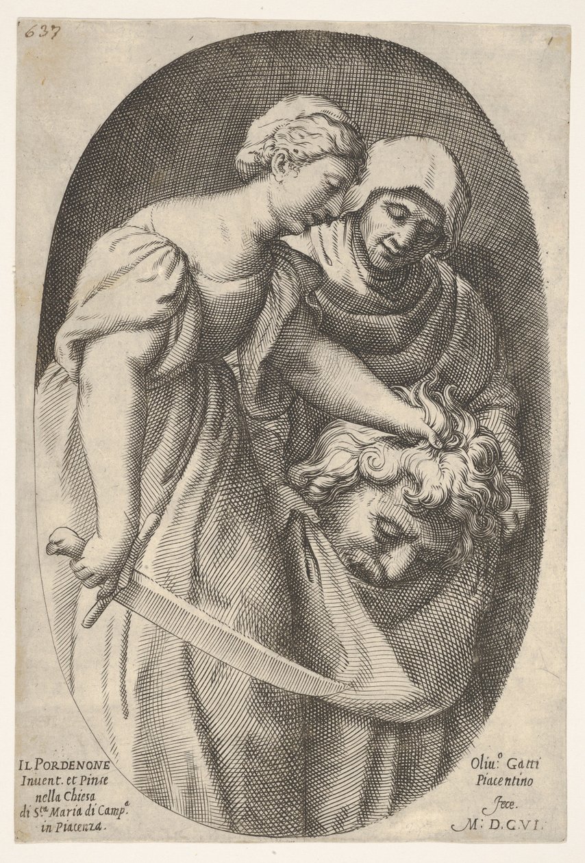 Judita s hlavou Holoferna v levé ruce a mečem v pravé ruce, doprovod..., 1606. od Oliviero Gatti