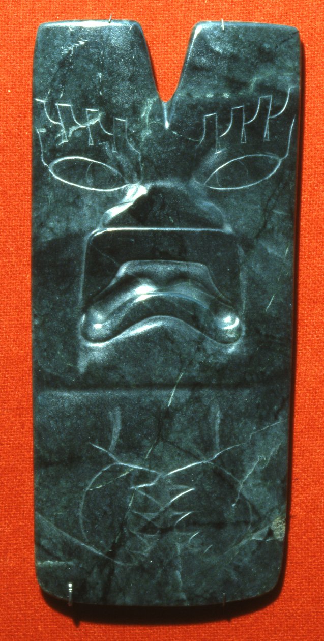 Hacha s tváří jaguára, předklasické období (nefrit) od Olmec