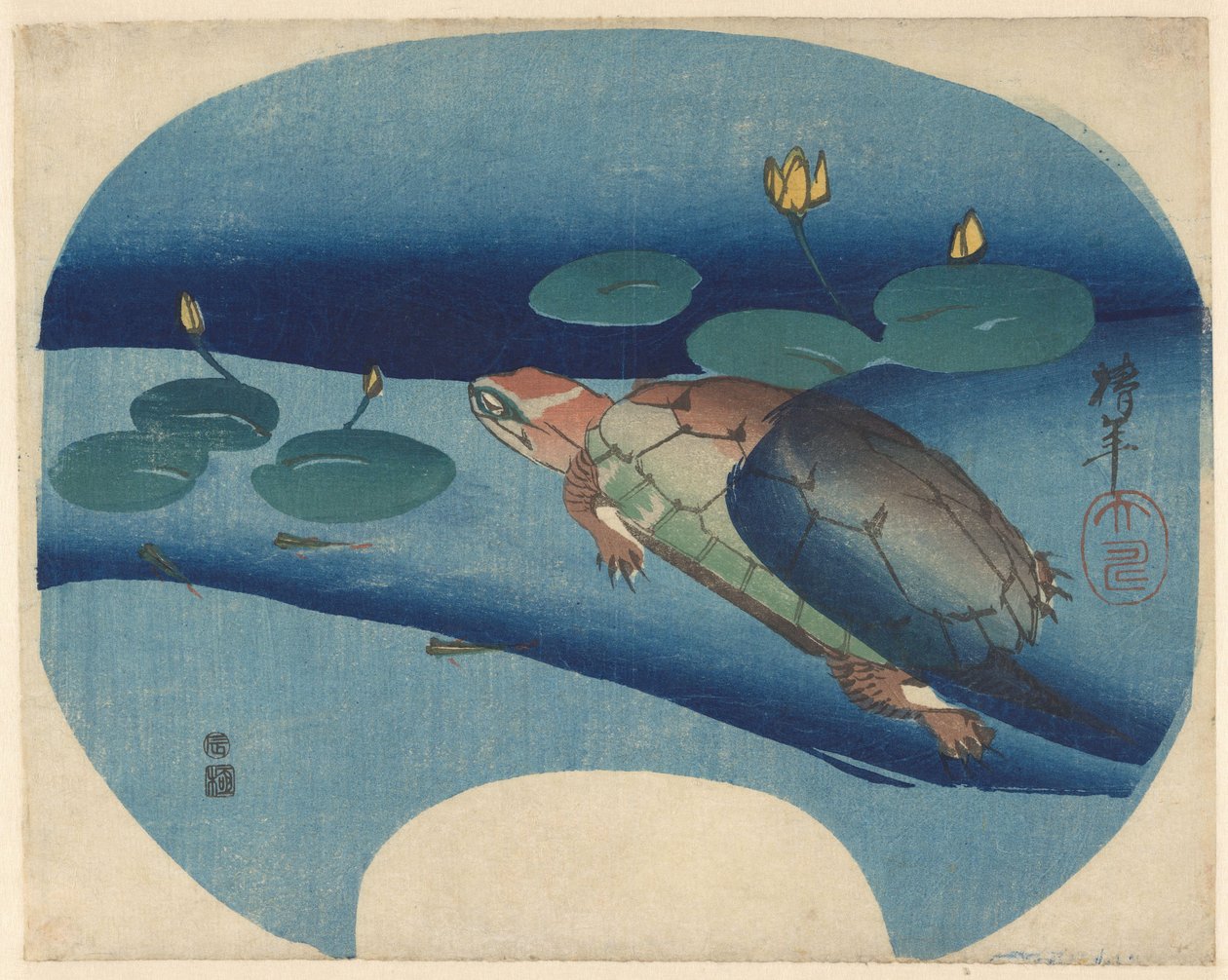 Waaierprent met tussen waterlelies zwemmende schildpad   1405577   cs       czech Successfully Translated  Original: Memorial Portrait of the Actor Arashi Kichisaburo III Translat: Memorial Portrait of the Actor Arashi Kichisaburo III 1285717 cs czech Succ od Onishi Chinnen