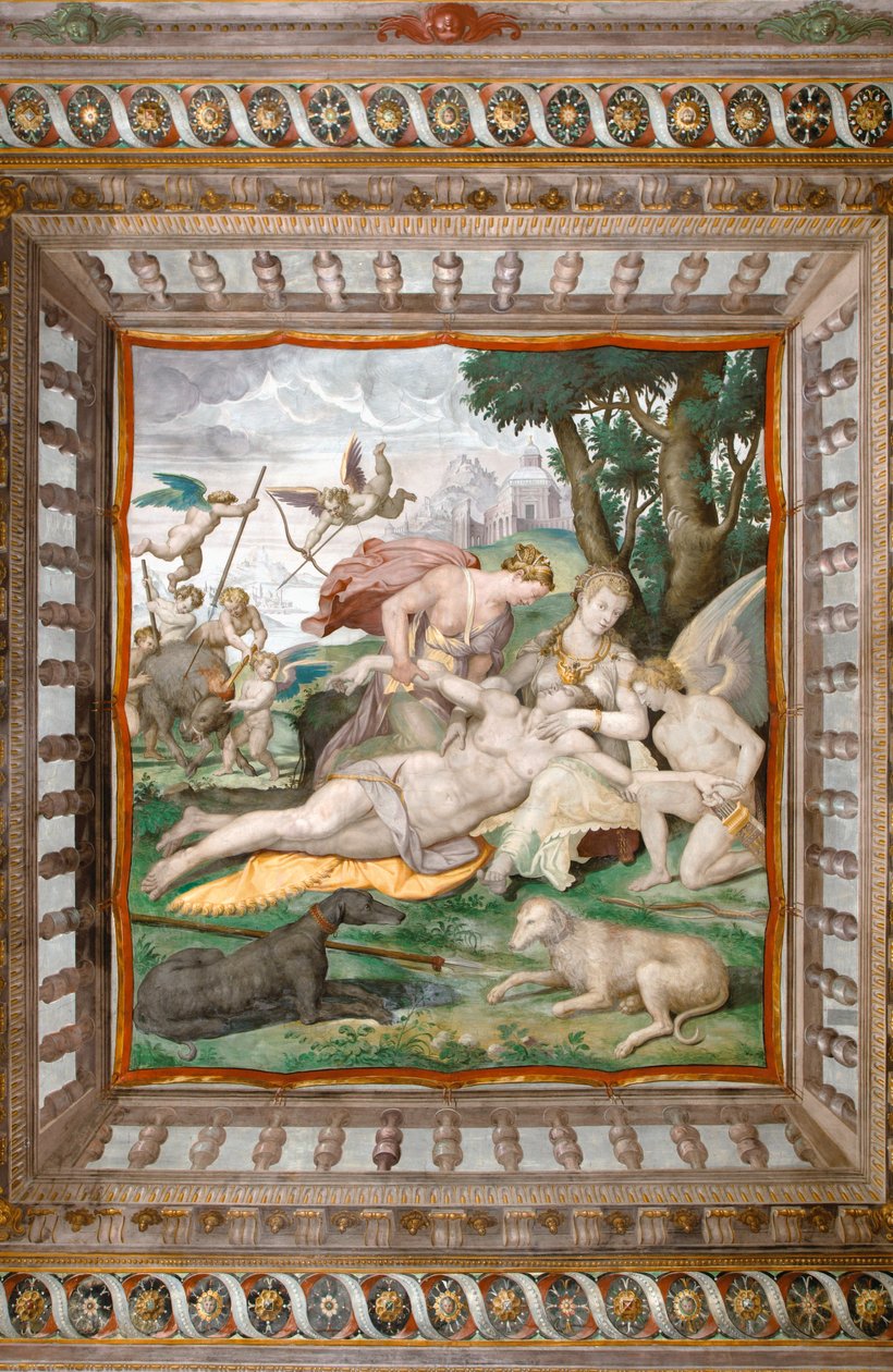 Smrt Adonise ze stropu Adonisovy komnaty, Rocca dei Rossi, San Secondo, Parma, Itálie, detail 2384731 od Orazio (attr.to) Samacchini