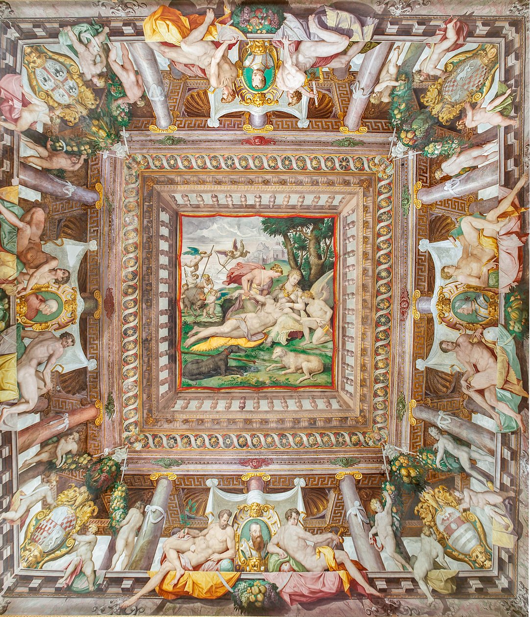 Pohled na strop Adonisovy komnaty a pamětní kameny rodinných příslušníků Rossi, Gonzaga, Riario a Medici, Rocca dei Rossi, San Secondo, Parma, Itálie od Orazio (attr.to) Samacchini