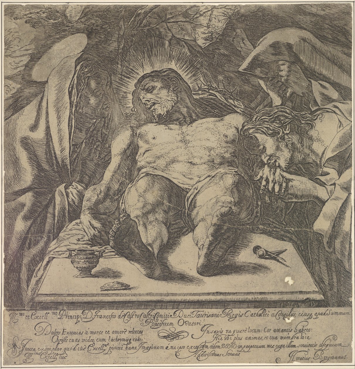 Oplakávání nad Kristovým tělem u tří Marií, nádoba s mastí na stůl do ..., 1615. od Orazio Borgianni