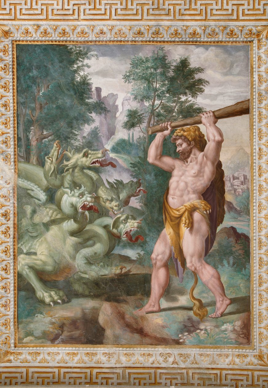 Hercules bojující s Lernaean Hydra, detail z Příběhů Herkula od Orazio Samacchini