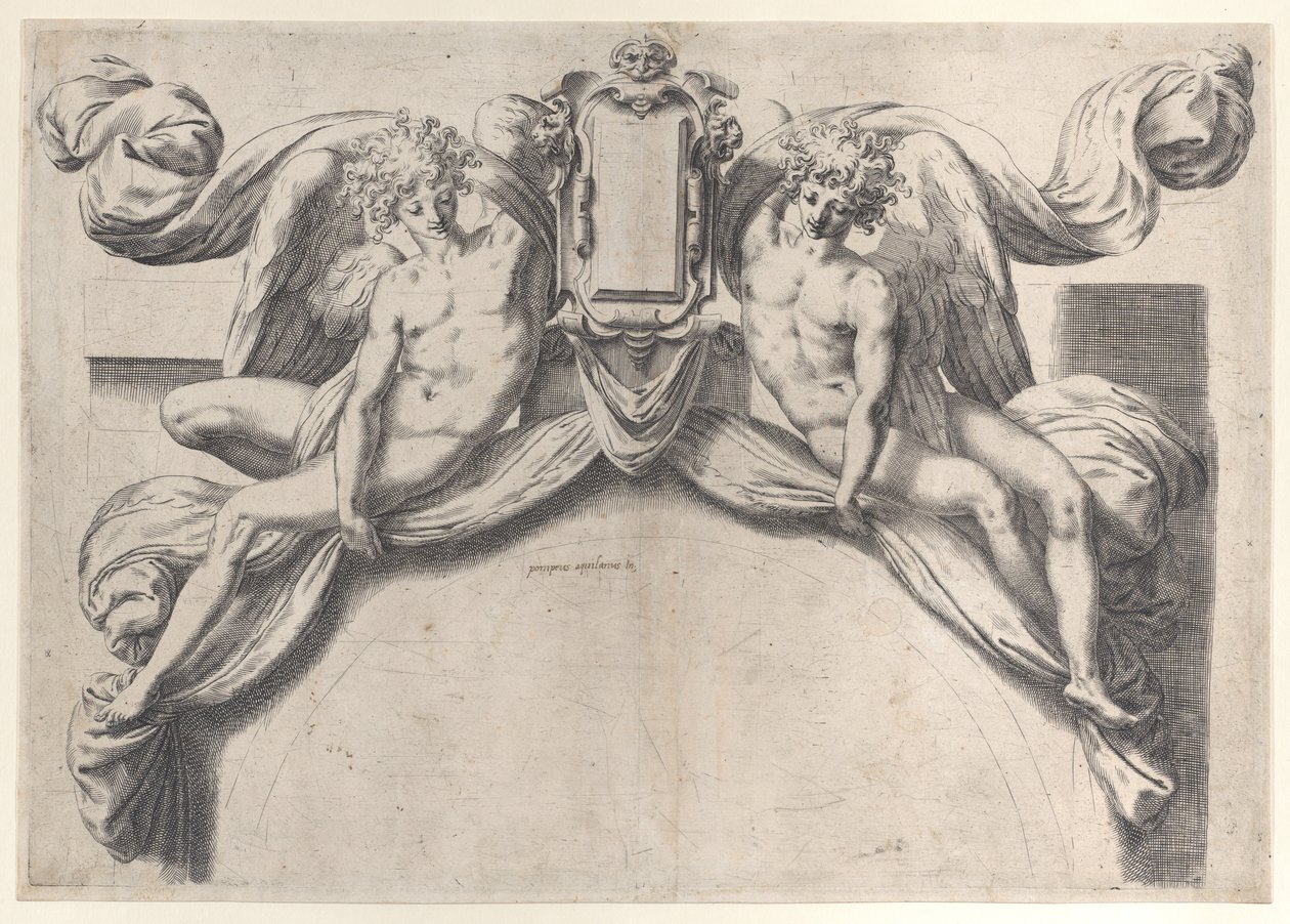 Dva andělé podpírající kartuš nebo štít, 1568-77., 1568-77. od Orazio de Sanctis