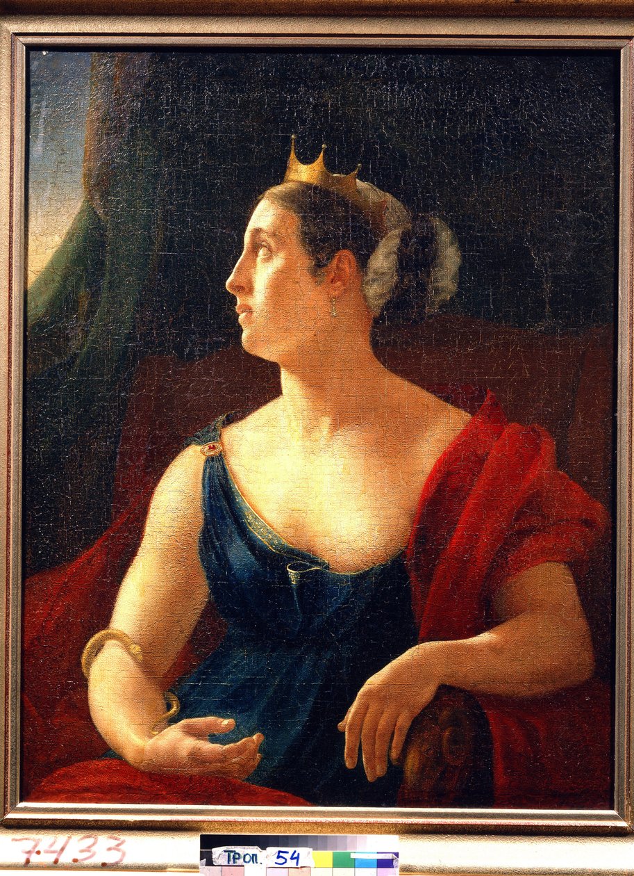 Portrét herečky Jekatěriny Semjonové (1786-1849) v roli Klytemnestry pro Euripidovu hru Ifigénie a Aulis. (Portrét herečky E. Semjonové jako Klytemnestra v Euripidově divadelní hře Ifigeneia v Aulis). Malovat od Orest Adamovich Kiprensky