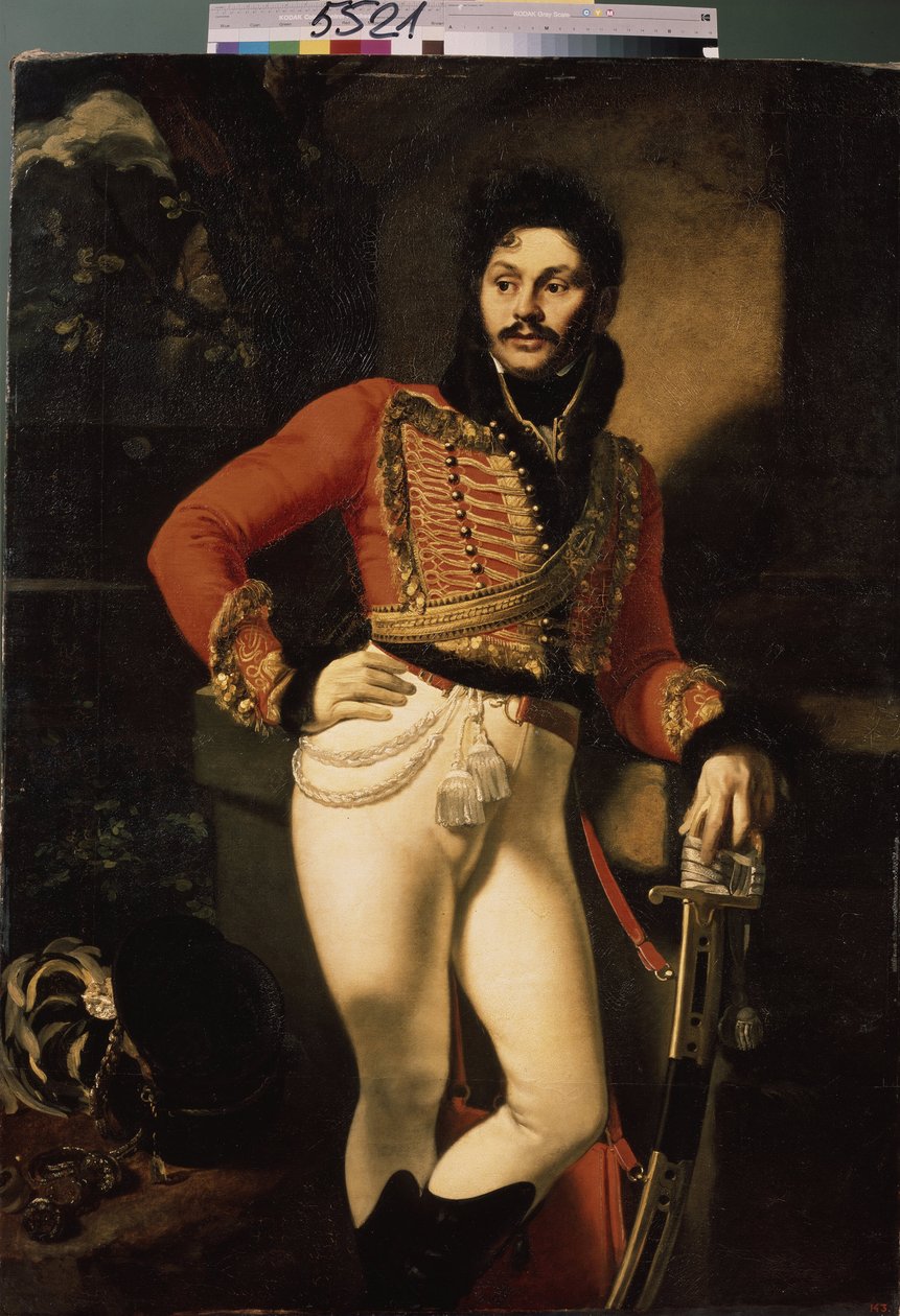 Portrét husarského plukovníka Eugrapha Davydova (1775-1823). (Portrét husarského plukovníka E. Davydova). Obraz Oreste Adamoviče Kiprenského (Kiprenski) (1782-1836), olej na plátně od Orest Adamovich Kiprensky