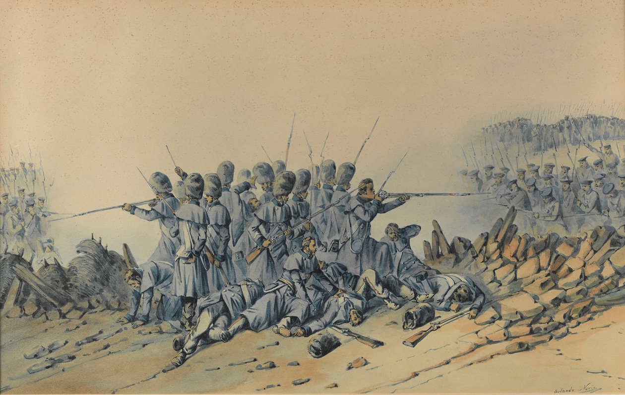 Last Stand of the Guards at Sandbag Redout (akvarel na papíře) od Orlando Norie