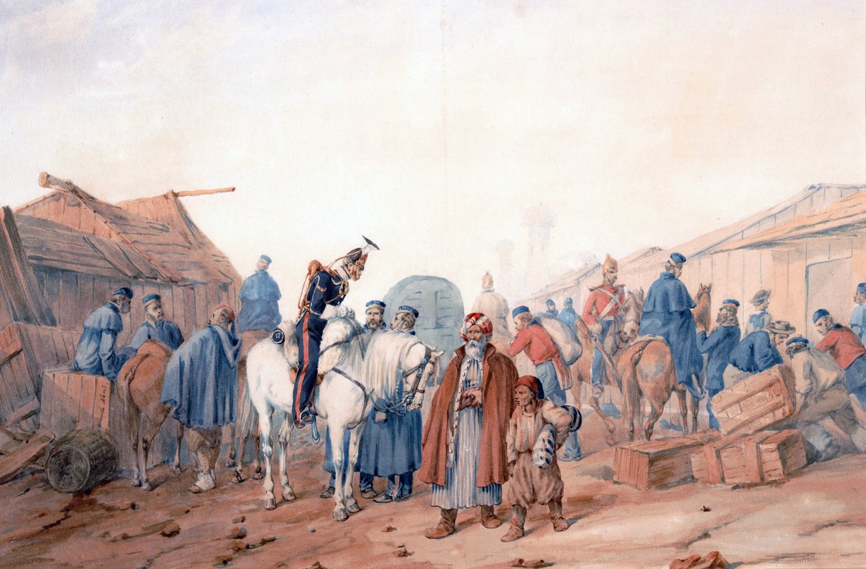 Zásobovací základna britské armády v přístavu Balaclava (Balaklava) - Norie, Orlando (1832-1901) - 1854 - Akvarel na papíře - 36,3x52,6 - Soukromá sbírka od Orlando Norie