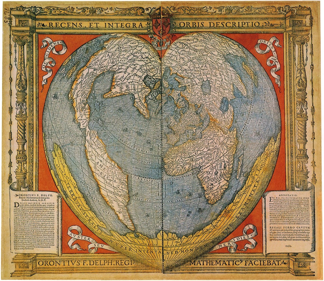 Mapa světa ve tvaru srdce od Oronce Fine