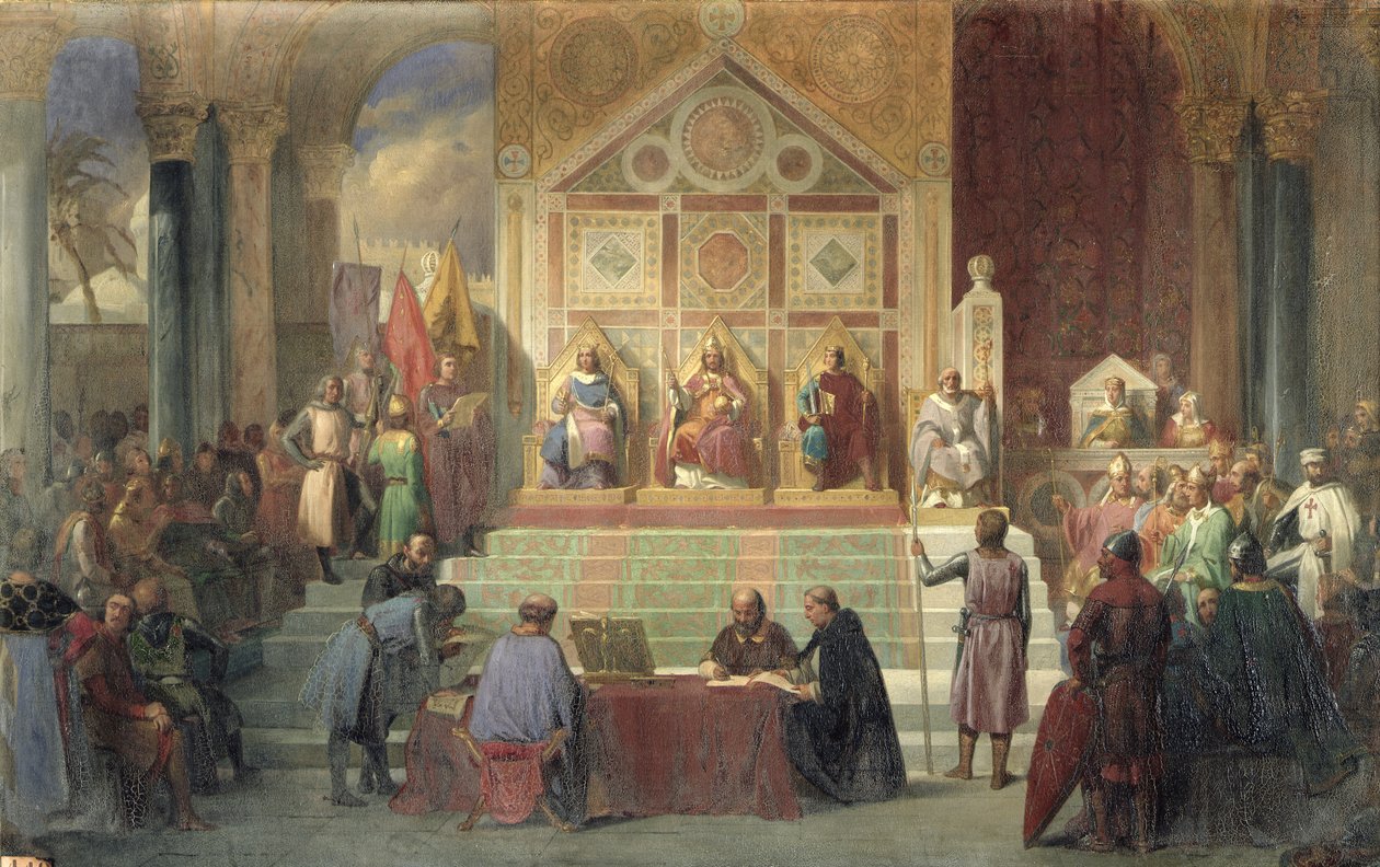 St. Louis (1214-70) Francouzský král Přijetí Roberta patriarchu Jeruzalémského, v Damiettě v roce 1249, 1846 od Oscar Gue