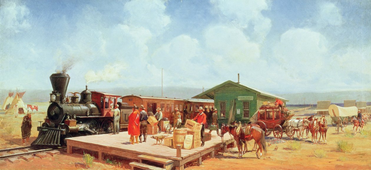 Západní nádraží, Frontier Days, cca 1901 (olej na plátně) od Oscar Edward Berninghaus
