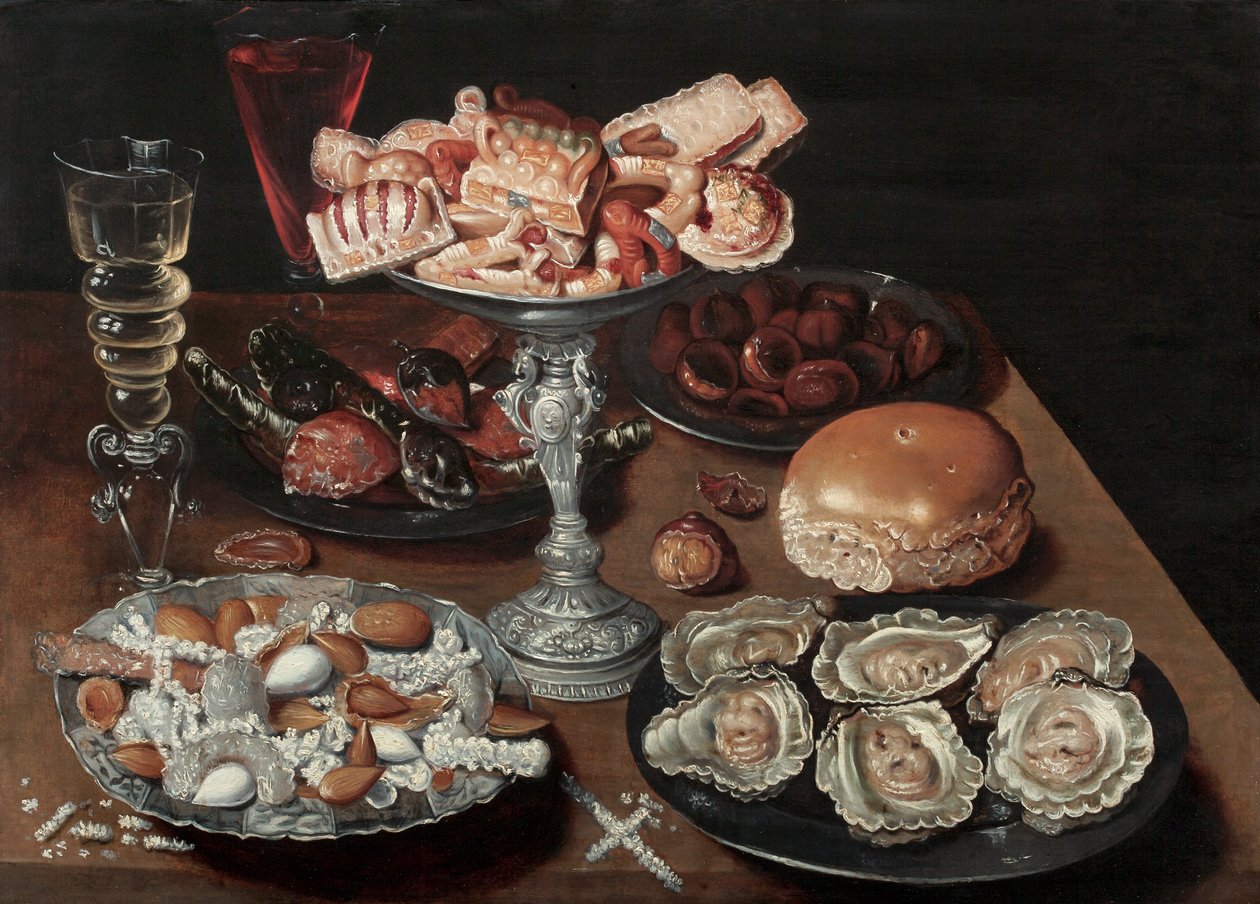 Mandle, ústřice, sladkosti, kaštany a víno na dřevěném stole, cca 1605-30 od Osias the Elder Beert