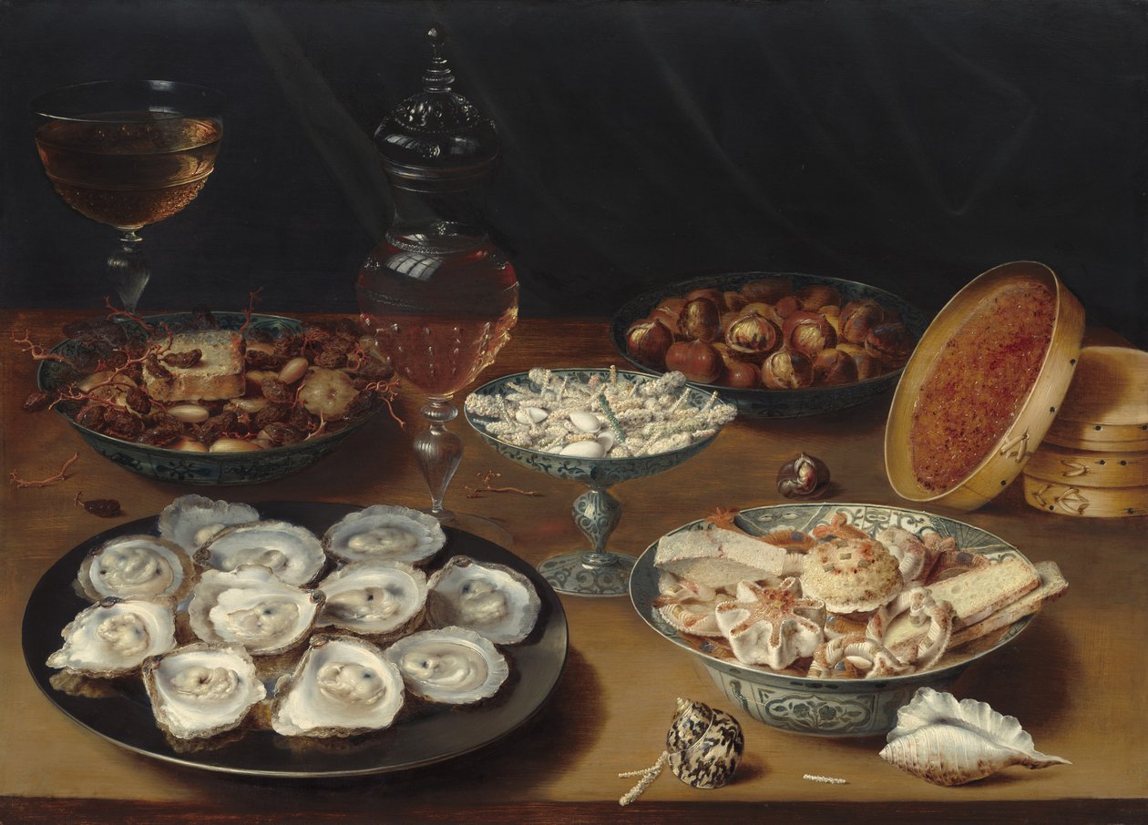 Pokrmy s ústřicemi, ovocem a vínem, c. 16201625. od Osias Beert the Elder