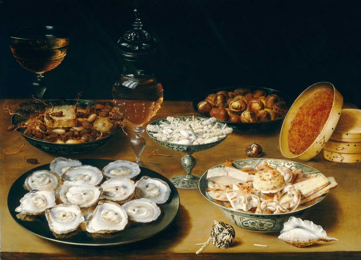Pokrmy s ústřicemi, ovocem a vínem, cca 1620-25 (olej na desce) od Osias the Elder Beert