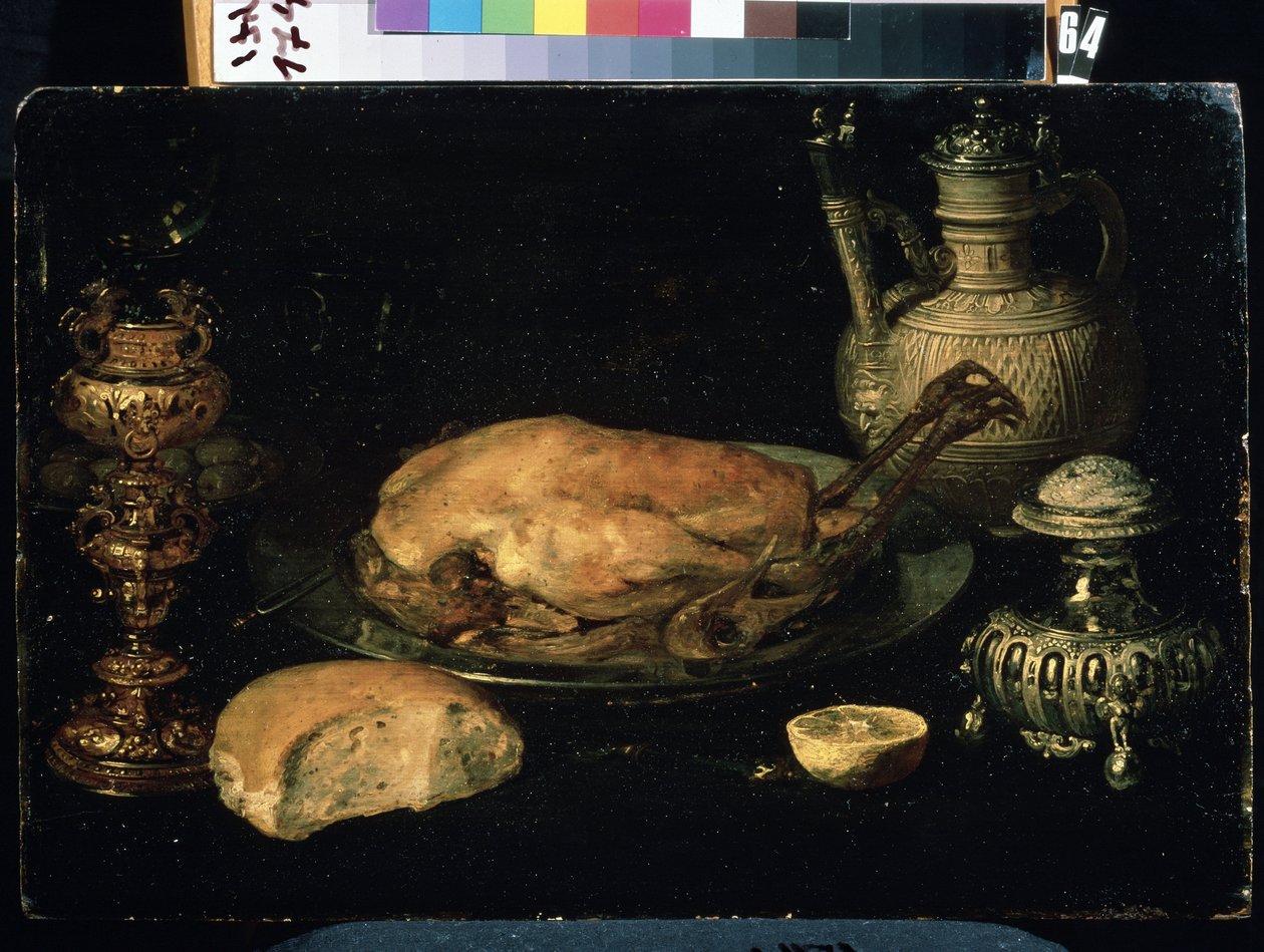""Zátiší z kuřete, citronu, chleba, stříbra a olejové lampy"" (Zátiší) Obraz Osiase Beerta staršího (1580-1624) Muzeum umění Michaila Krošitského ze 17. století, Sevastopol (Sevastopol) Ukrajina od Osias the Elder Beert