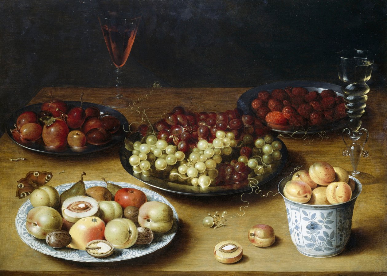 Zátiší s ovocem a sklenicemi, Osias Beert (1580-1624), olej na dřevě od Osias the Elder Beert