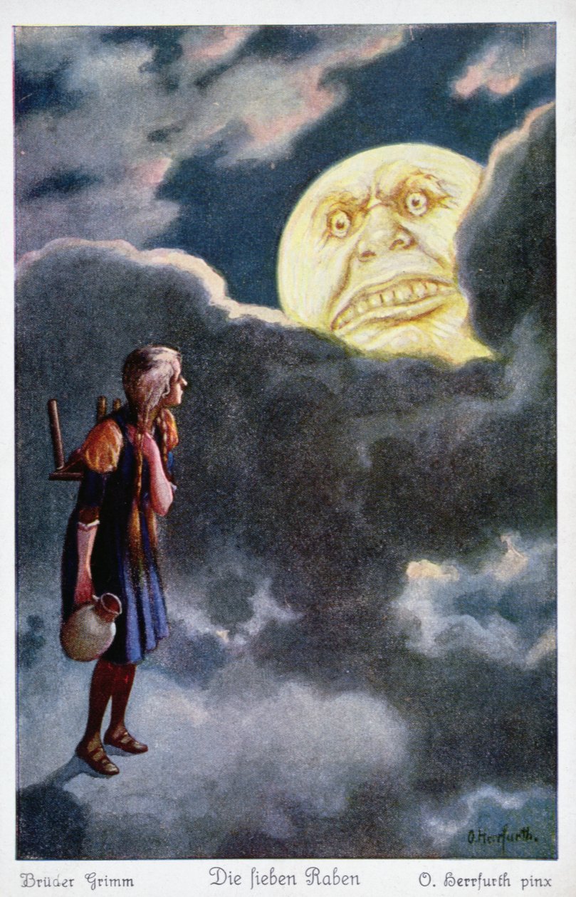 Měsíc hrozí, že sežere mladou dívku, která se snaží zachránit své bratry, ilustrace ze Sedmi havranů od bratří Grimmů od Oskar Herrfurth