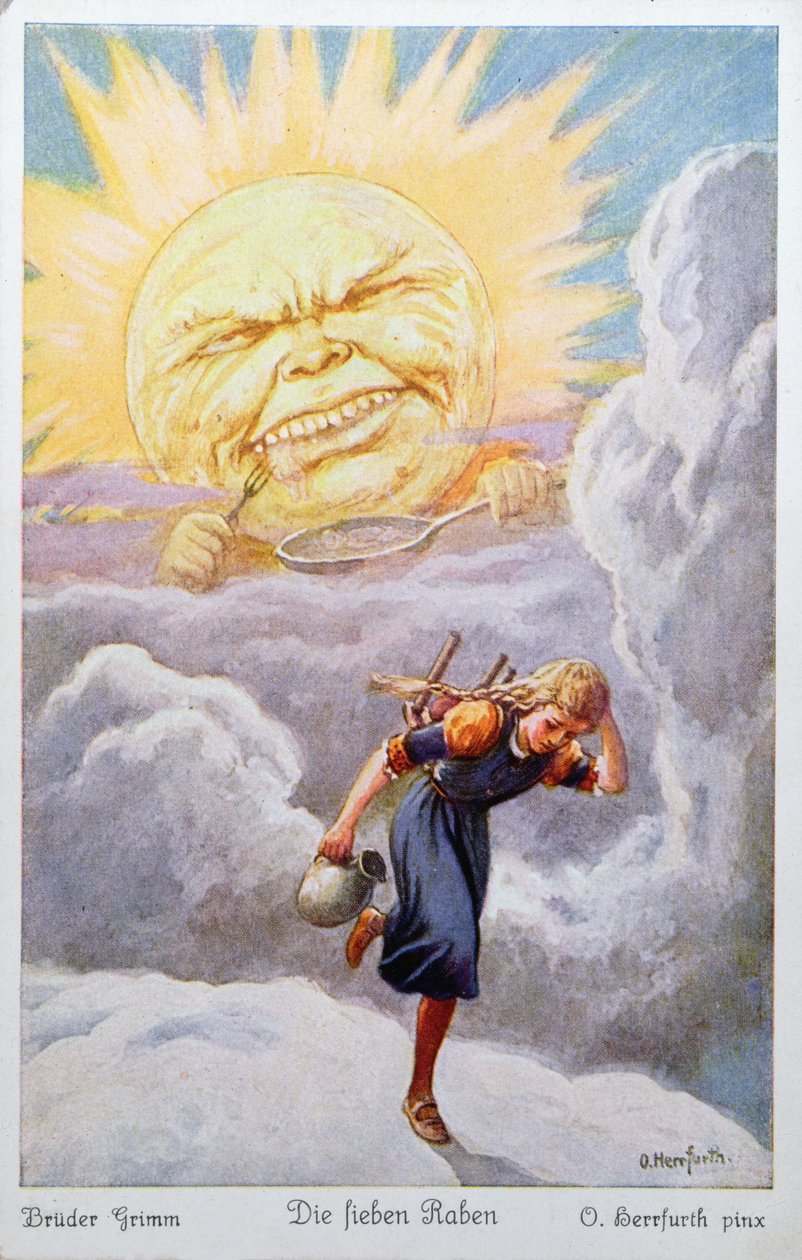 Mladá dívka na cestě za záchranou svých bratrů utíká před extrémním žárem slunce, které jí hrozí, že ji uvaří a sní, ilustrace ze Sedmi havranů od bratří Grimmů od Oskar Herrfurth