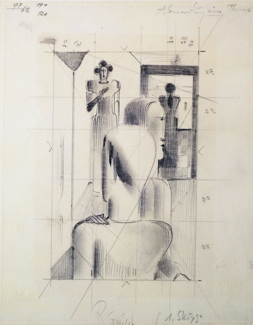 Postavy v pokoji, od Oskara Schlemmera (1888-1943), tužka na papíře. Německo, 20. století. od Oskar Schlemmer