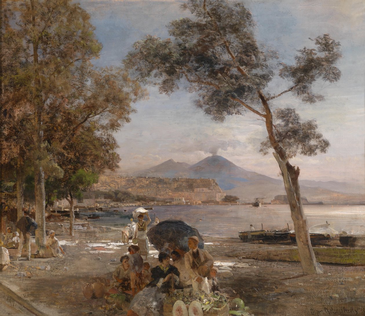 Večerní atmosféra v Neapolském zálivu, Vesuv v pozadí od Oswald Achenbach
