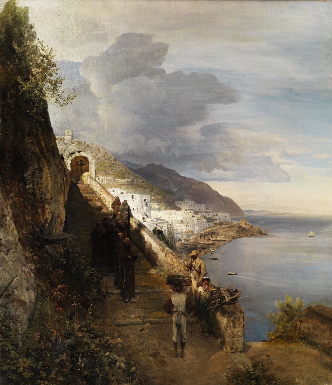 Pobřeží Amalfi se schody do kapucínského kláštera od Oswald Achenbach