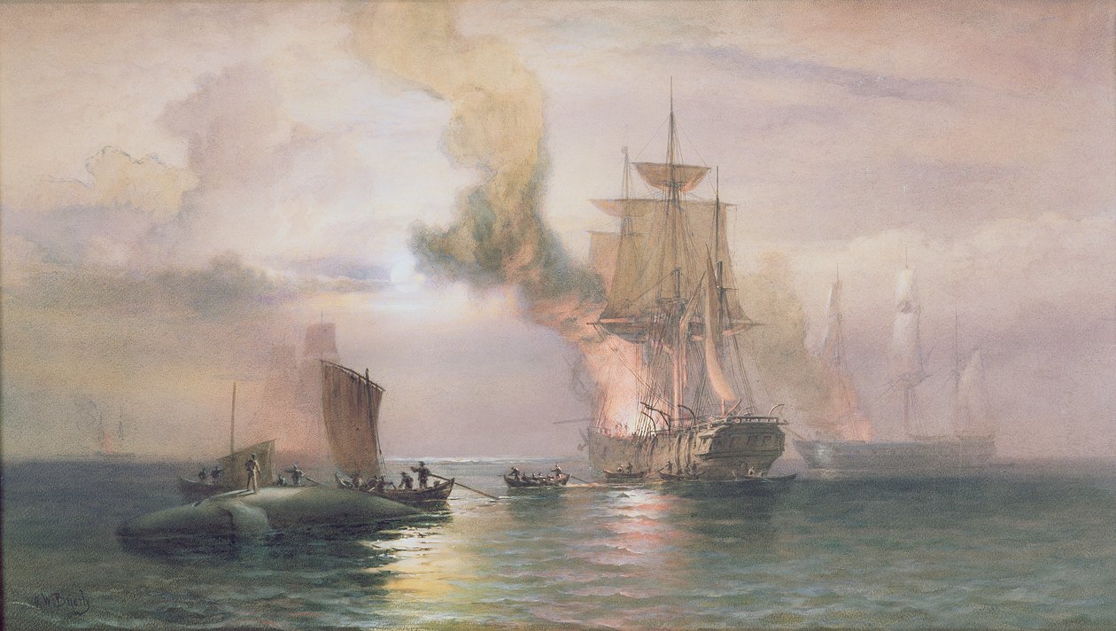 Jihomořští velrybáři vařící tuk s velrybou vedle, kolem 1875-85 od Oswald Walters Brierly
