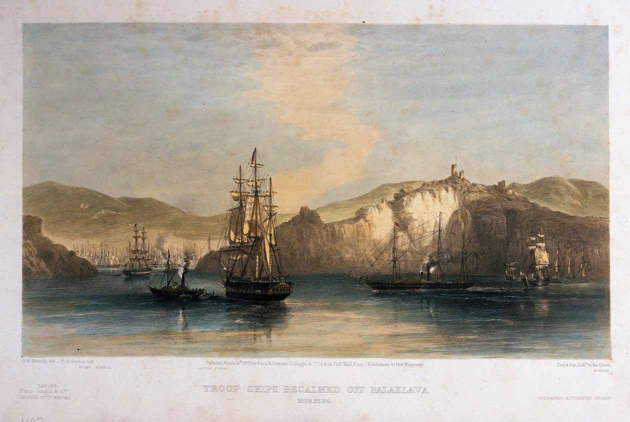 Vojské lodě uklidnily Balaklava, ráno, vyryl T.G. Dutton, publikoval Colnaghi und Co., 1855 od Oswald Walters Brierly