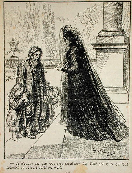 Nezapomenu, že jsi zachránil mého syna. Zde je dopis, který vás ujišťuje, že o vás bude postaráno po mé smrti., z lAssiette au Beurre, 1901 od Oswald after Heidbrinck