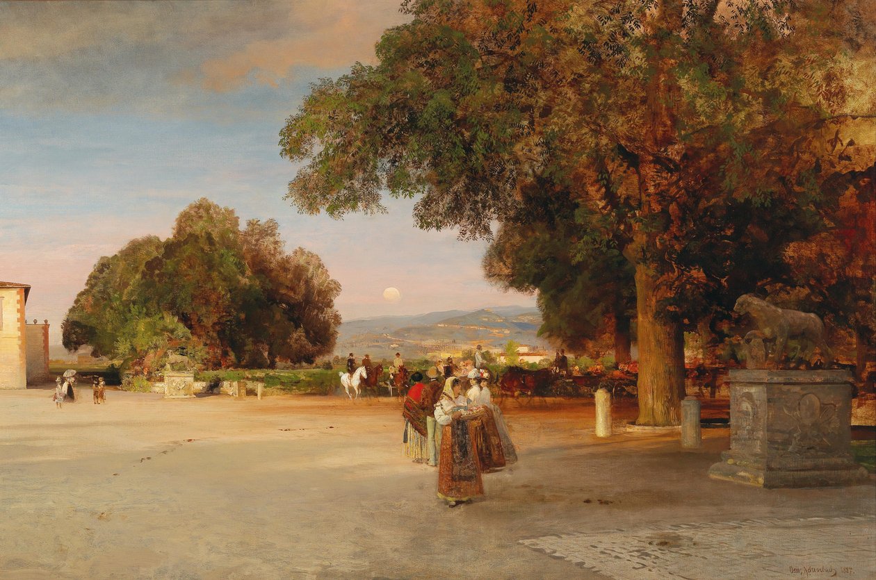 Francouzsky: Promeneurs sur la terrasse de la Villa Grazioli à Grottaferrata Scéna za soumraku na terase vily Grazioli v Grottaferratě od Oswald Achenbach