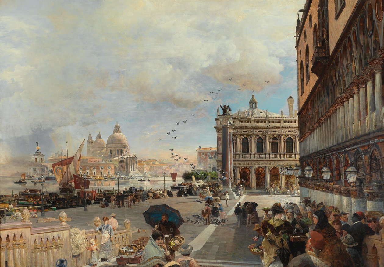 Benátky, pohled na náměstí Piazzetta s Biblioteca Marciana, Santa Maria della Salute a Dogana od Oswald Achenbach