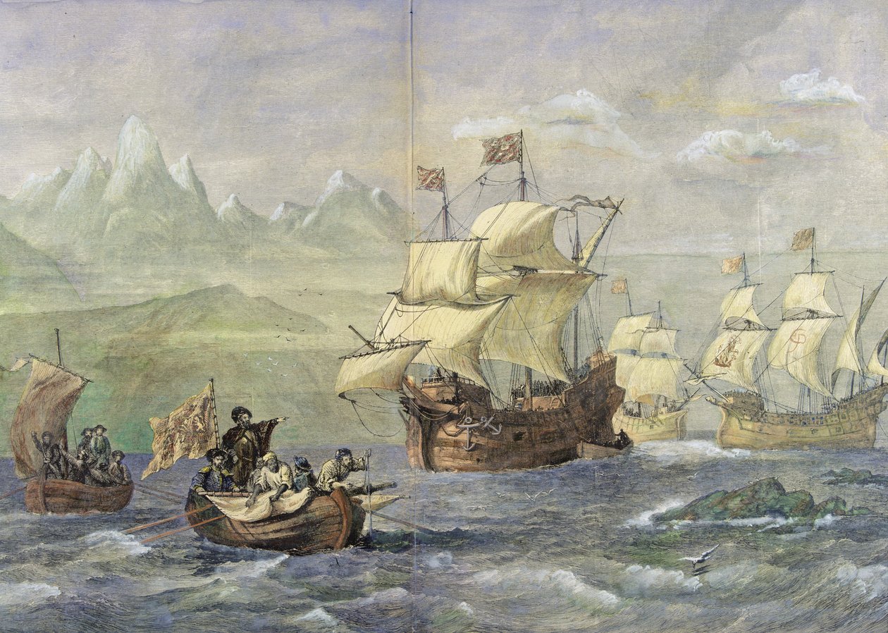Objev Magellanova průlivu (barevná rytina) od Oswald Walters Brierly