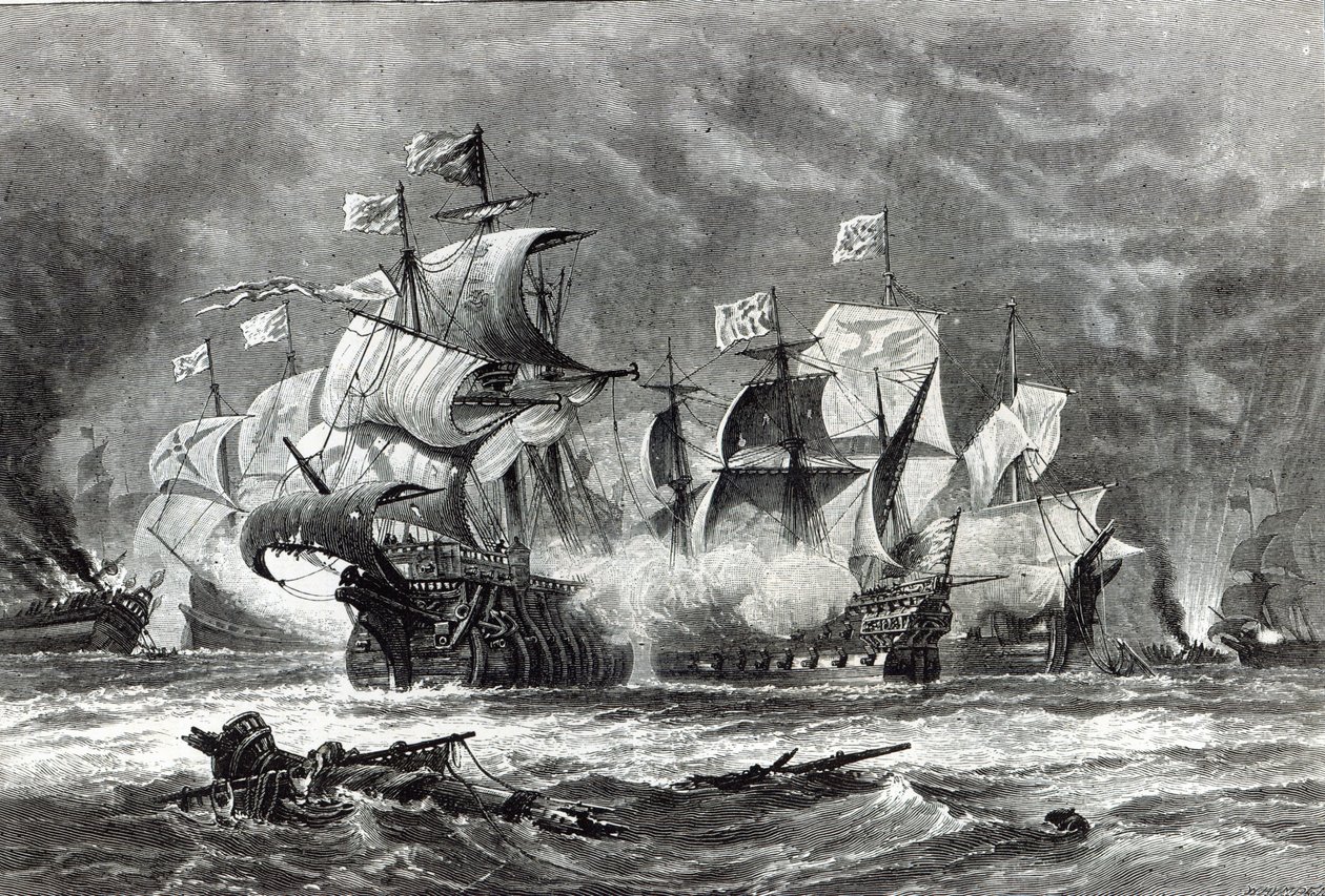Vanguard, pod vedením sira Williama Wintera, angažující španělskou armádu, z „Hodiny volného času“, 1888 od Oswald Walters Brierly