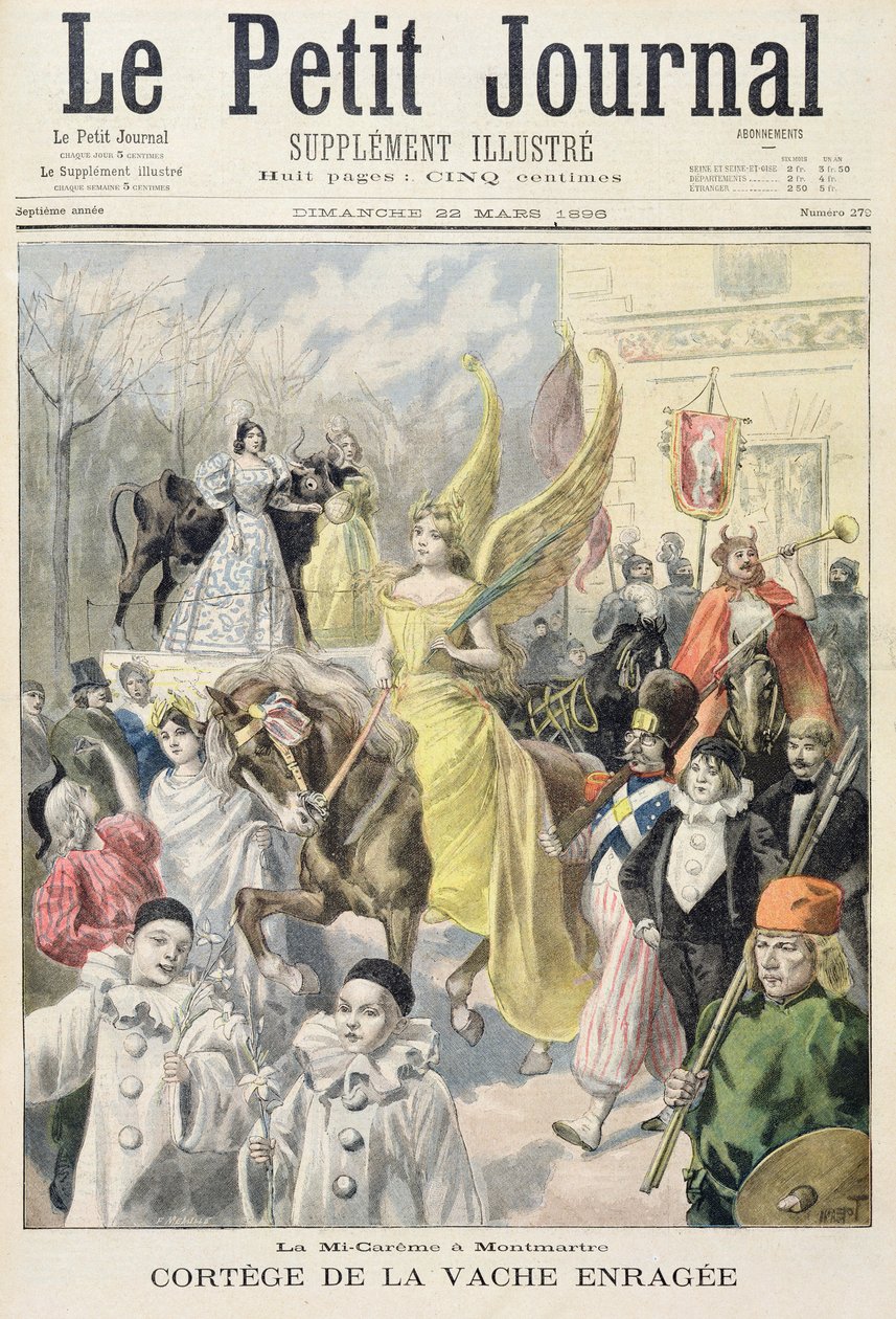 Titulní strana zobrazující procesí šílené krávy v polovině postní doby na Montmartru, ilustrace z ilustrované přílohy Le Petit Journal, 22. března 1896 od Oswaldo Tofani