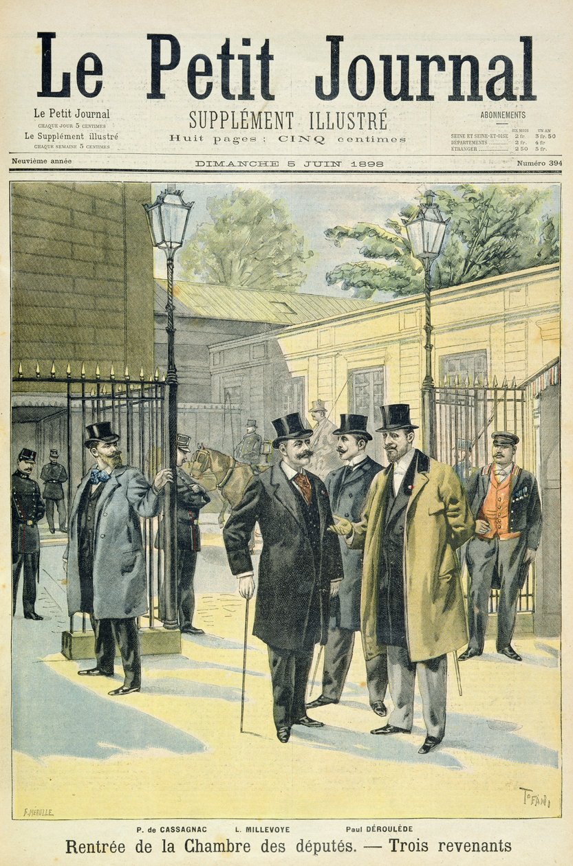 Titulní strana zachycující znovuotevření Poslanecké sněmovny s Paulem Granierem de Cassagnacem, Lucienem Millevoyem a Paulem Derouledem, ilustrace z obrázkové přílohy Le Petit Journal, 5th J od Oswaldo Tofani