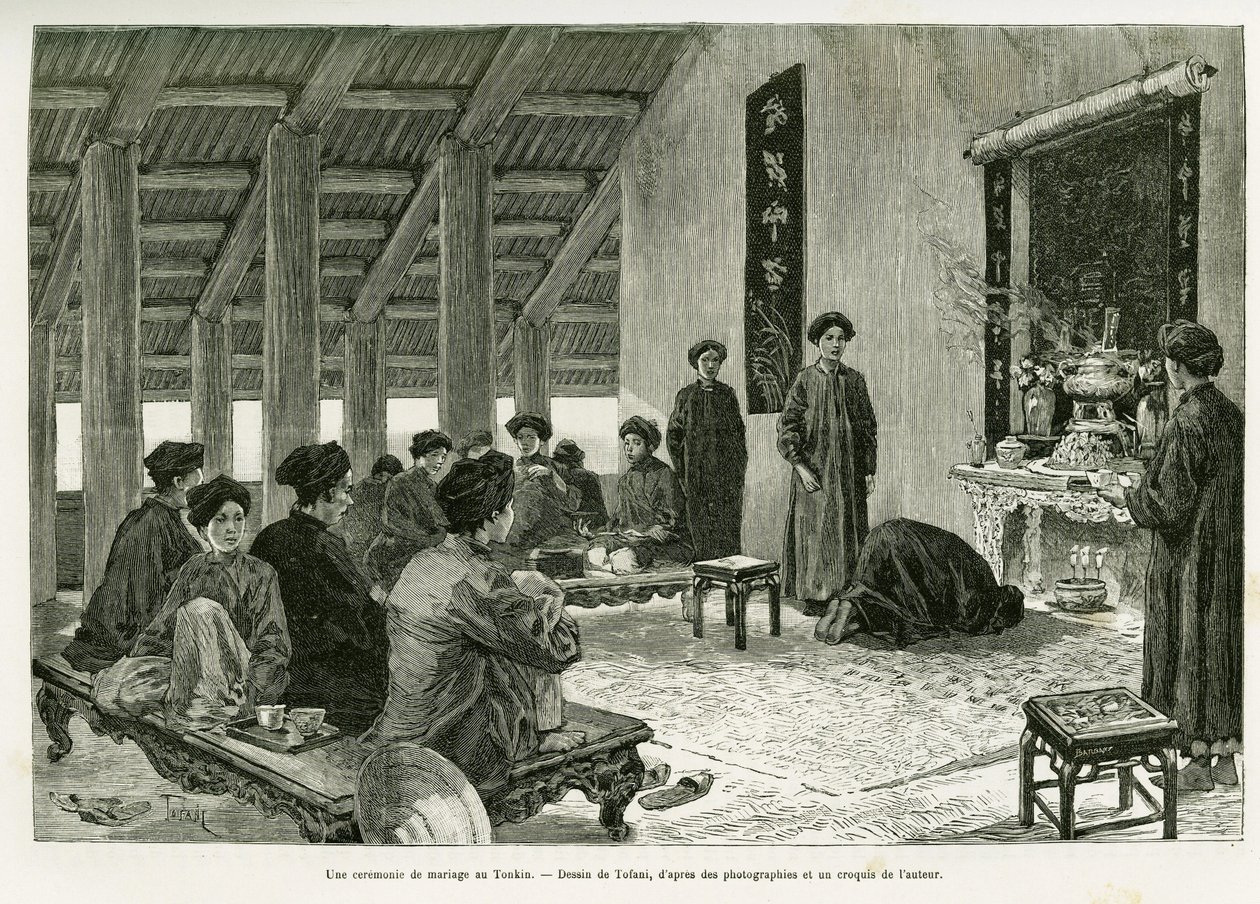 Svatební obřad v Tonkinu. Rytina od Tofaniho, pro ilustraci příběhu Trente mois au Tonkin, v roce 1884, od Dr. Paula Hocquarda, v le tour du monde 1890, pod vedením Edouarda Chartona (1807-1890), Hachette, Paříž. od Oswaldo Tofani