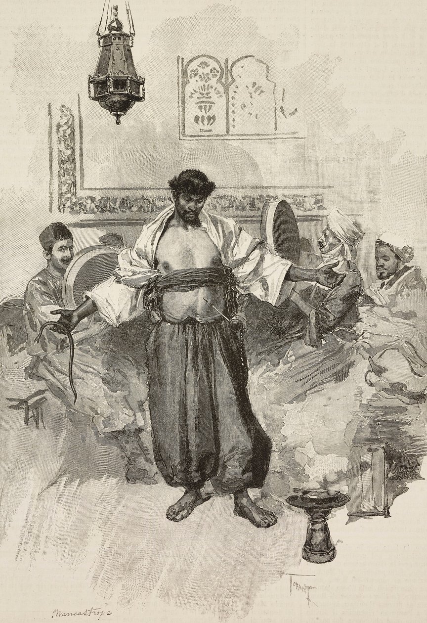 Tanec Aissawa, Marocké náboženské bratrstvo, na Světové výstavě 1889, Paříž, Francie, rytina E Mancatroppy z kresby Osvalda Tofaniho z L