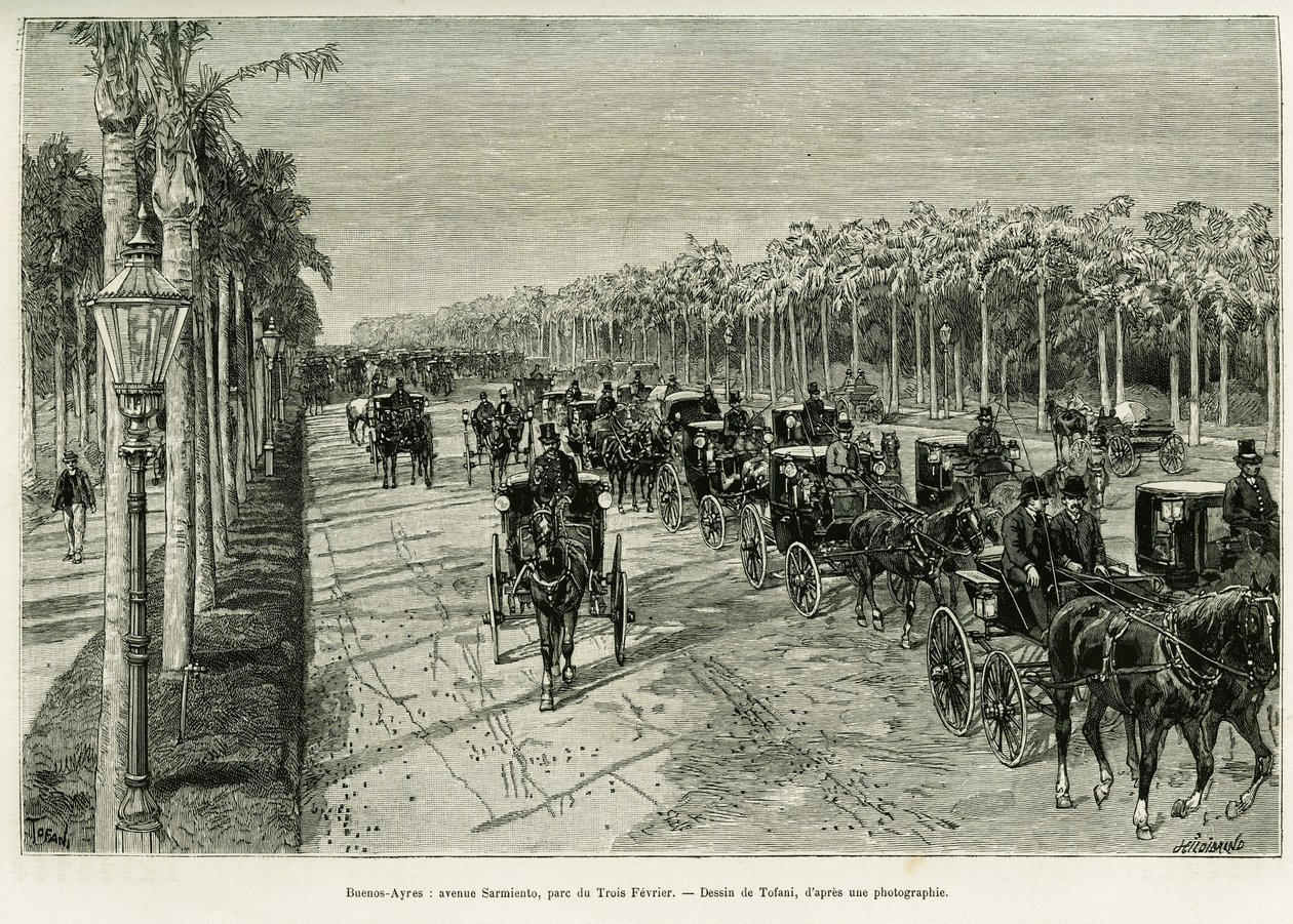 Buenos Aires, Sarmiento Avenue, Three February Park. Rytina od Tofaniho pro ilustraci příběhu Voyage a la Plata, v roce 1886, Emile Daireaux, in le tour du monde 1888, režie Edouard Charton (1807-1890), Hachette, Paříž. od Oswaldo Tofani