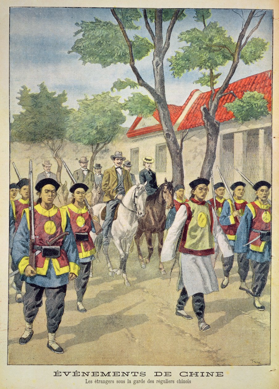 Evropští cizinci pod ozbrojeným doprovodem čínských vojáků během povstání boxerů v letech 1899-1901, ilustrace z „Le Petit Journal“, 18. července 1900 od Oswaldo Tofani