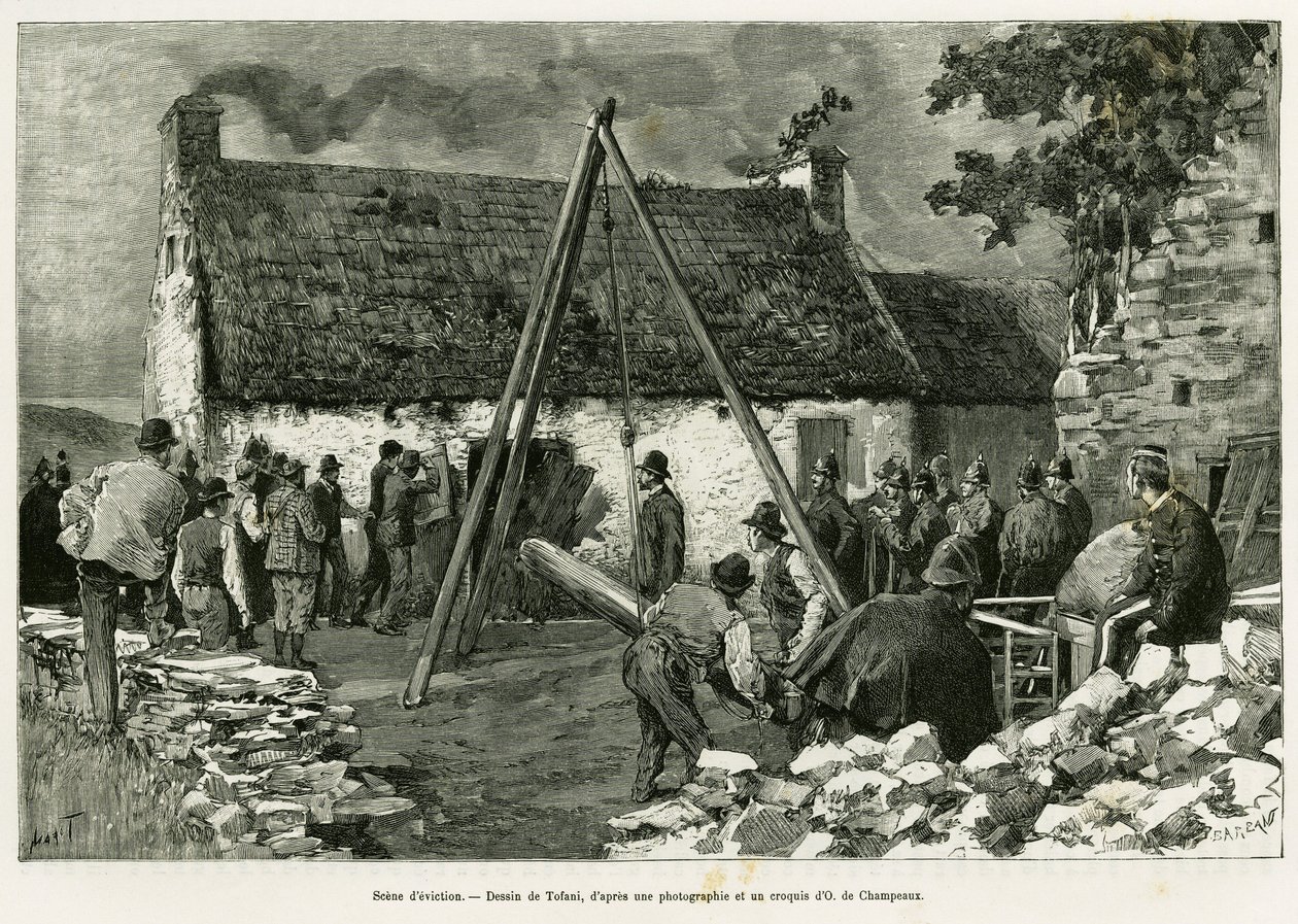 Scéna vystěhování. Rytina od Tofaniho k ilustraci příběhu Tři měsíce v Irsku, v roce 1889, Marie Anne de Bovet, in le tour du monde 1890, režie Edouard Charton (1807-1890), Hachette, Paříž. od Oswaldo Tofani