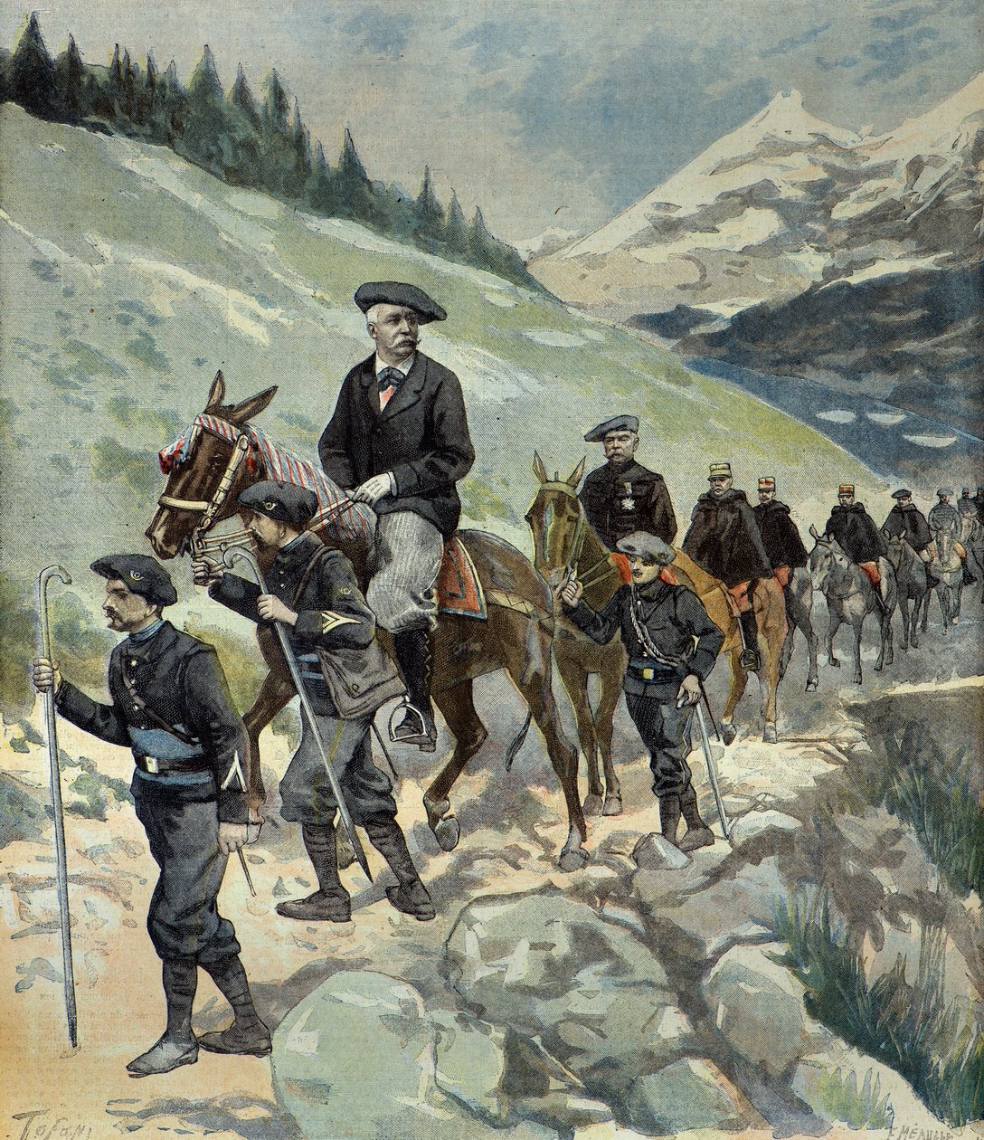 Felix Faure s alpskými lovci na výletě v Alpách v roce 1897 (rytina) od Oswaldo Tofani