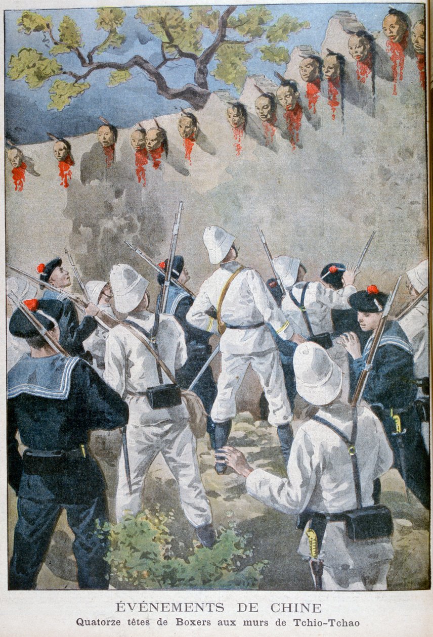 Čtrnáct hlav boxerů na zdech Tchio-Tchao, Čína, 1900 od Oswaldo Tofani