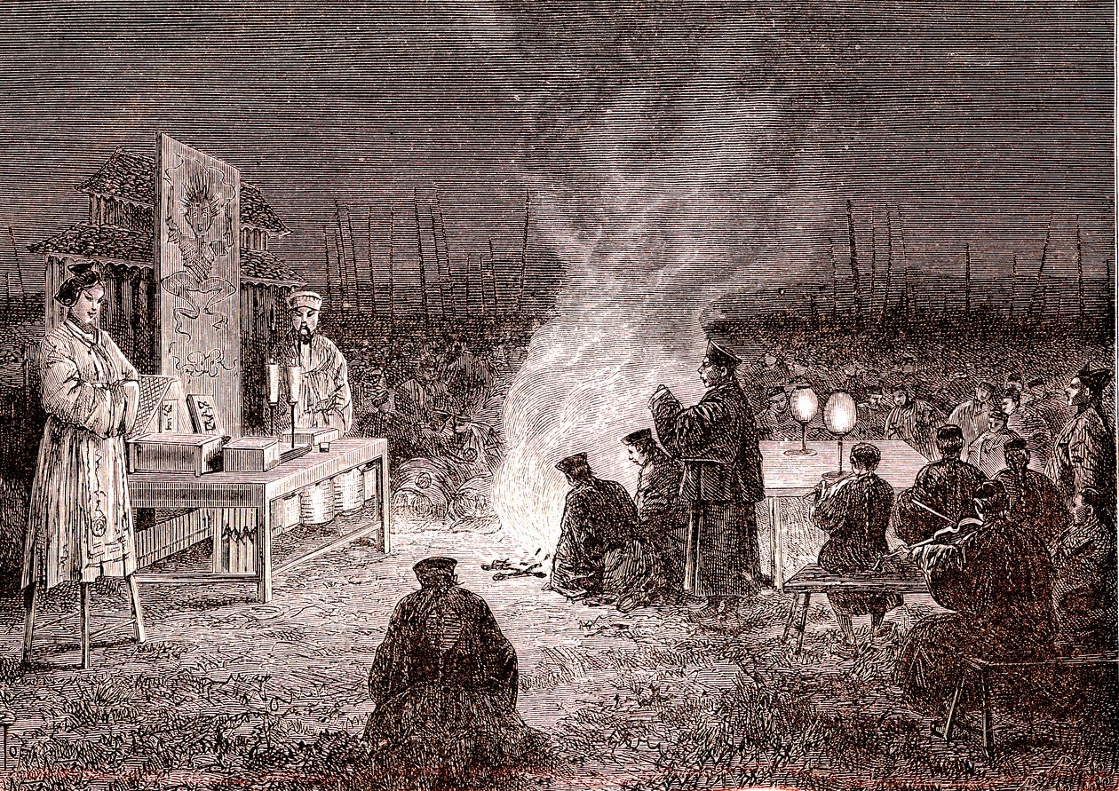 Pohřební obřad v Sou-Tcheou, Čína. 1874 (rytina) od Oswaldo Tofani